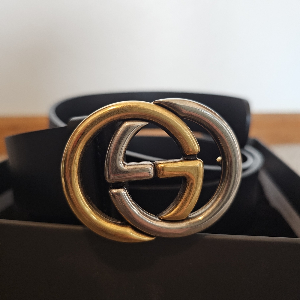 Gucci Black Belt with Gold and Silver Buckle